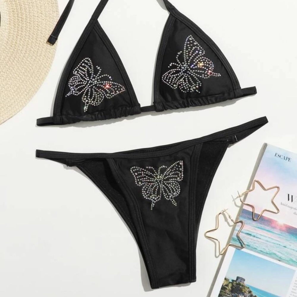 Rhinestone Butterfly Black Bikini Thong